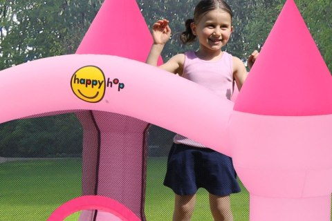 Dmuchany zamek ze zjeżdżalnią Happy Hop new - różowy new 2025